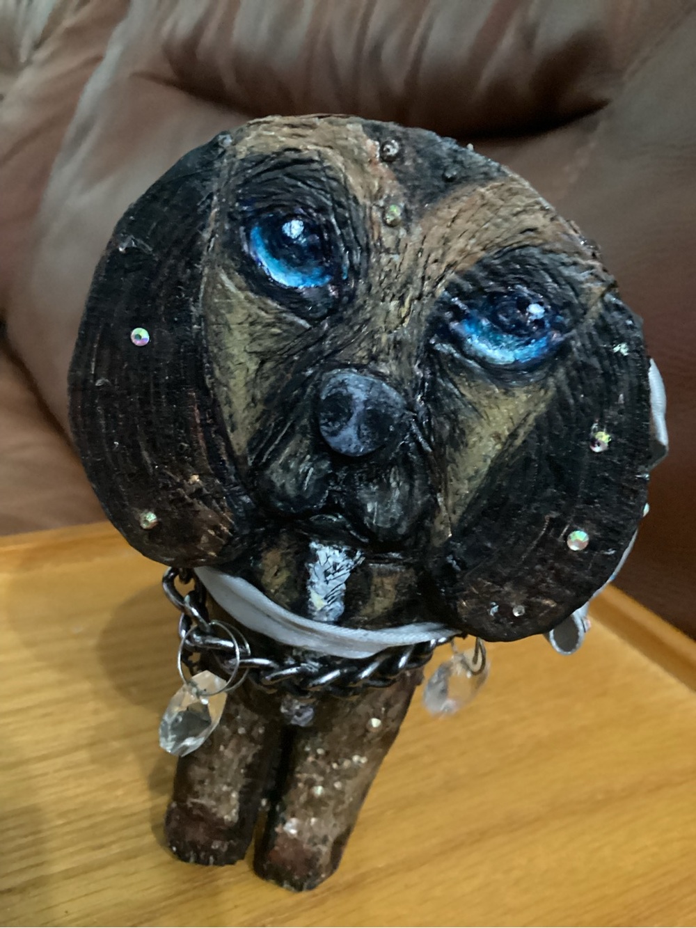 Handcrafted From Tree Bark Decorative Brown Dog Figurine with Crystal Accents - Picture 6 of 8